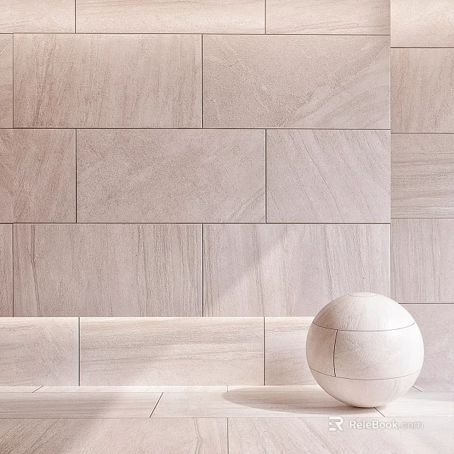Light Colored Textured Stone Wall Components Assembled In Rectangular Pattern With Decorative Sphere 3d model