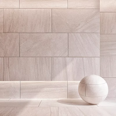 Light Colored Textured Stone Wall Components Assembled In Rectangular Pattern With Decorative Sphere 3d model