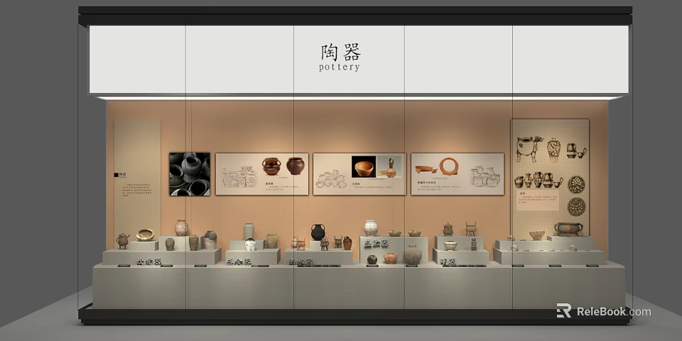 Ancient Pottery Museum Display With Ceramic Artifacts Wall Illustrations And Cases 3d model 