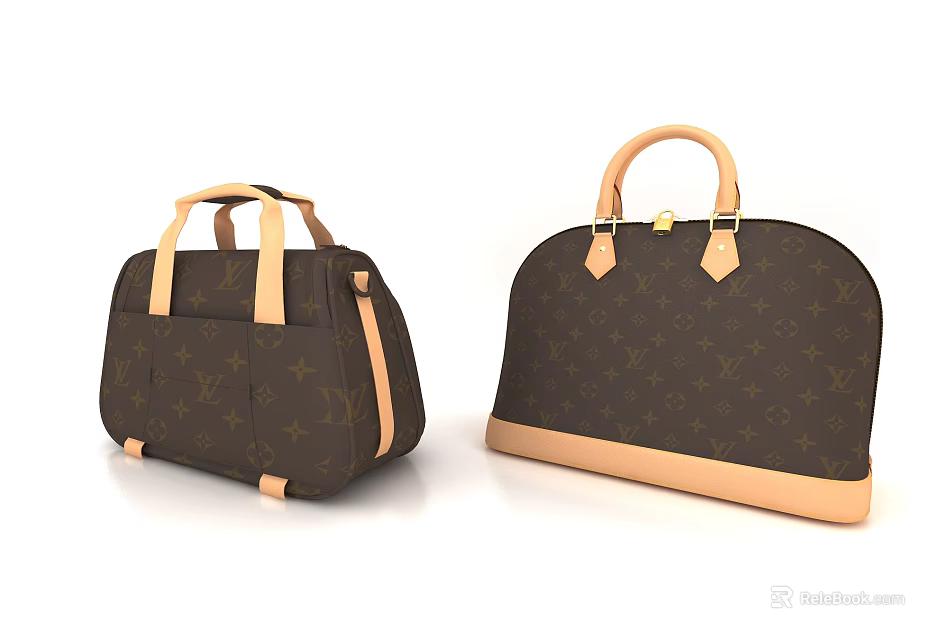 Classic Brown Leather Luggage Two Styles With Brand Pattern And Beige Handles 3d model 