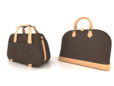 Classic Brown Leather Luggage Two Styles With Brand Pattern And Beige Handles 3d model