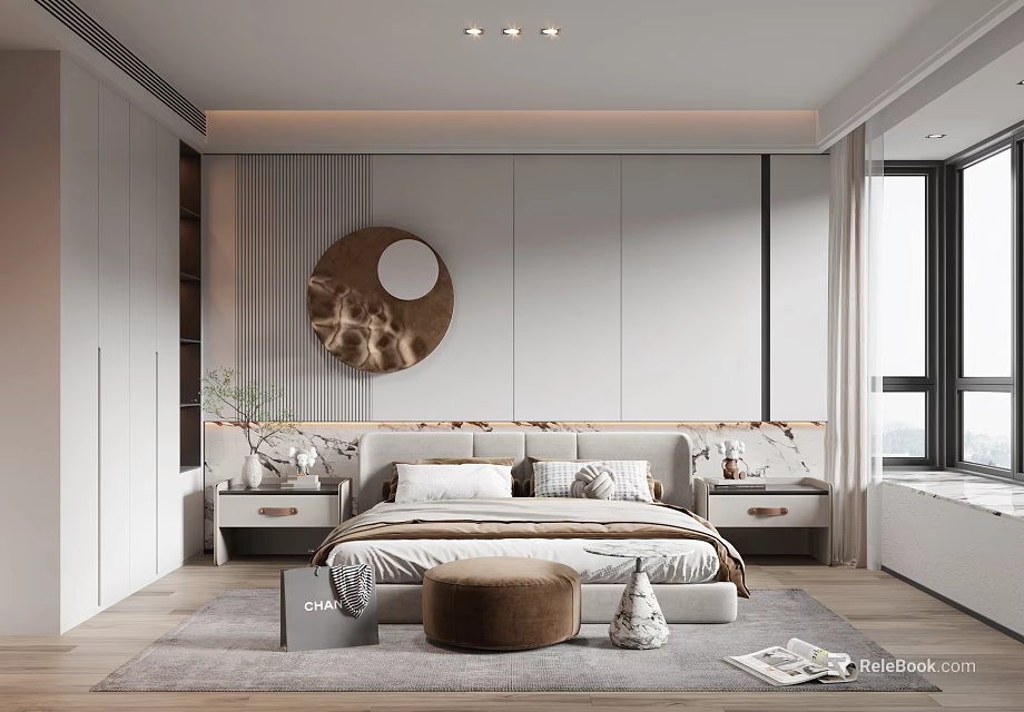 Modern Minimalist Bedroom With Bed Round Wall Art Nightstands And Window Seat 3d model 