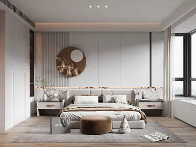 Modern Minimalist Bedroom With Bed Round Wall Art Nightstands And Window Seat 3d model