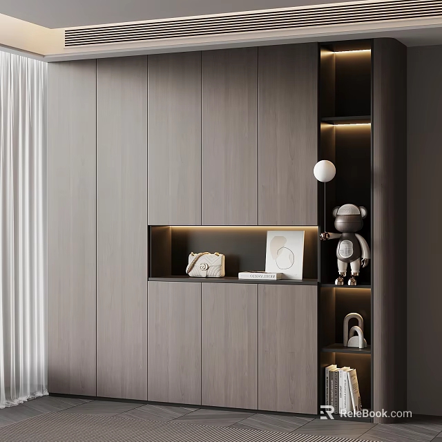 Modern Wooden Entryway Side Cabinet With Lighting And Open Shelves For Decorative Storage 3d model 