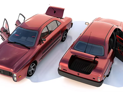 Vintage Red Car With Open Doors Hood And Trunk Display View 3d model