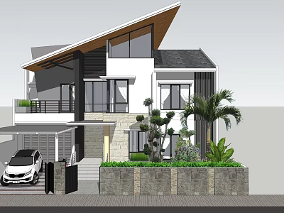 Modern Detached Villa With Angular Roof Large Windows Stone Wall And Palm Trees 3d model