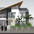 Modern Detached Villa With Angular Roof Large Windows Stone Wall And Palm Trees 3d model