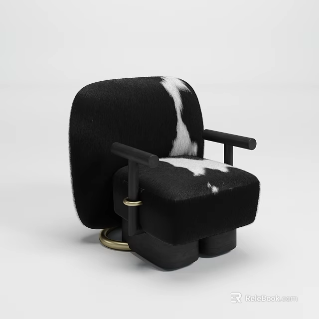 Modern Minimalist Accent Chair With Black And White Cow Print Upholstery And Golden Ring Base 3d model 