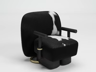 Modern Minimalist Accent Chair With Black And White Cow Print Upholstery And Golden Ring Base 3d model