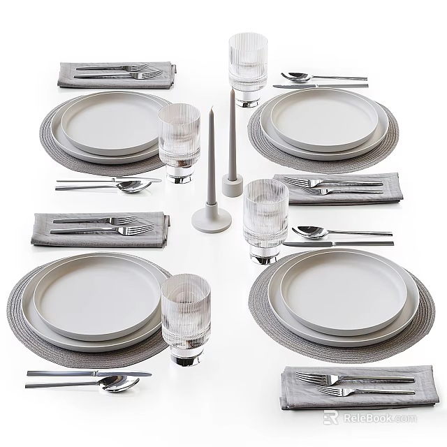 Modern Minimalist Dinnerware Set With White Plates Glass Cups Metal Cutlery And Napkins 3d model 
