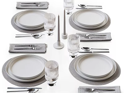 Modern Minimalist Dinnerware Set With White Plates Glass Cups Metal Cutlery And Napkins 3d model