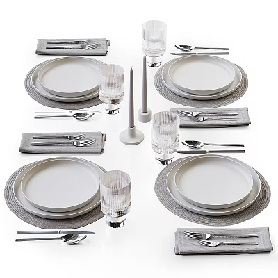 Modern Minimalist Dinnerware Set With White Plates Glass Cups Metal Cutlery And Napkins 3d model