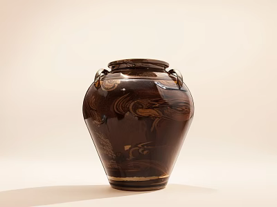 Vintage Brown Clay Wine Bottle With Two Handles And Intricate Engravings On Light Backdrop 3d model