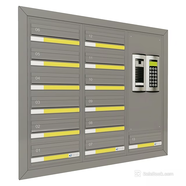 Practical Mailbox Cabinet With Multiple Numbered Compartments Yellow Stripes And Control Panel 3d model 