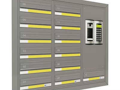 Practical Mailbox Cabinet With Multiple Numbered Compartments Yellow Stripes And Control Panel 3d model