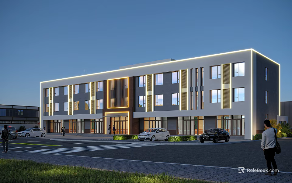 Modern Multi Storey Office Building Exterior With LED Lighting Large Windows And Parking Area 3d model 