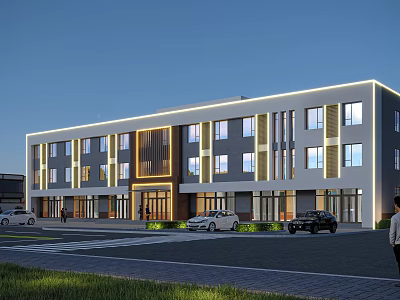Modern Multi Storey Office Building Exterior With LED Lighting Large Windows And Parking Area 3d model
