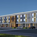 Modern Multi Storey Office Building Exterior With LED Lighting Large Windows And Parking Area