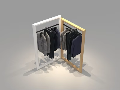 Clothing Store Clothing Rack With White And Wooden Frame Displaying Various Coats And Tops 3d model