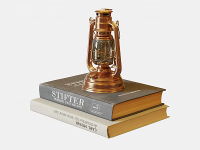 Vintage Decorative Ornament Set With Brass Kerosene Lamp On Stacked Books 3d model