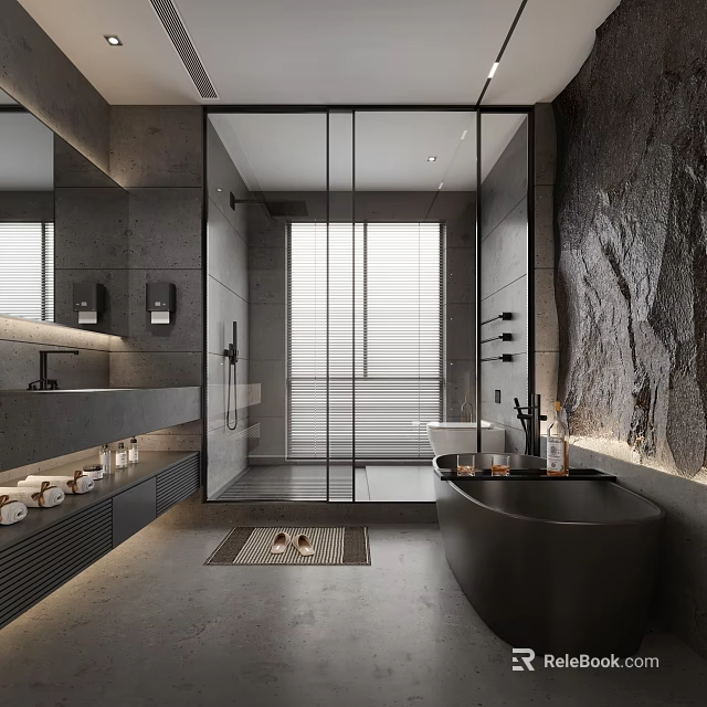 Modern Bathroom Interior With Glass Partition Bathtub Large Window And Stone Wall 3d model 