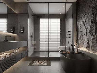 Modern Bathroom Interior With Glass Partition Bathtub Large Window And Stone Wall 3d model