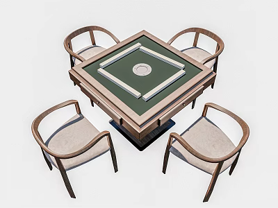 Modern Square Entertainment Table with Central Game Surface and Four Wooden Chairs with Padded Seats 3d model