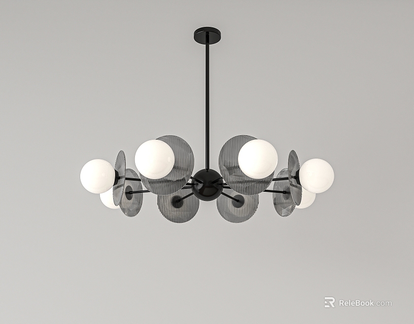 Modern Minimalist Chandelier With White Globe Lights Black Metal Frame And Transparent Decorative Rings 3d model 