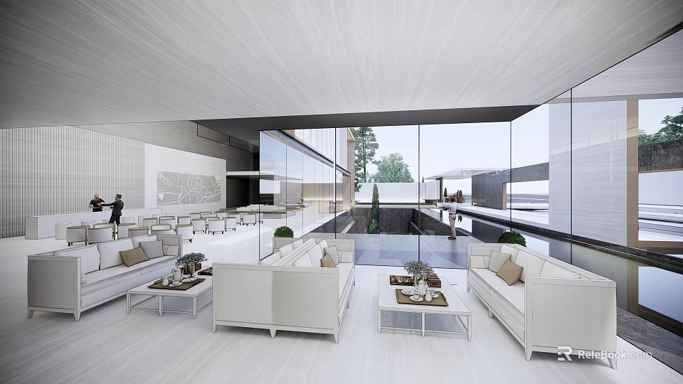 Modern Casual Lounge Interior With White Sofas Coffee Tables And Floor To Ceiling Windows 3d model