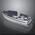 White and Blue Recreational Boat With Canopy Dashboard Seats And Red White Blue Flag