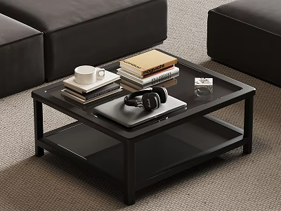 Modern Black Glass Top Coffee Table with White Cup Books Headphones Laptop and Box 3d model