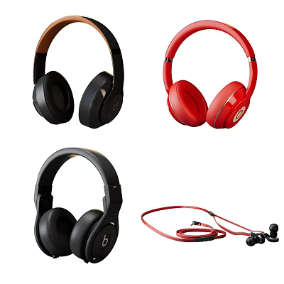 Stylish Wireless Over Ear And Wired In Ear Headphones In Black Red Design 3d model