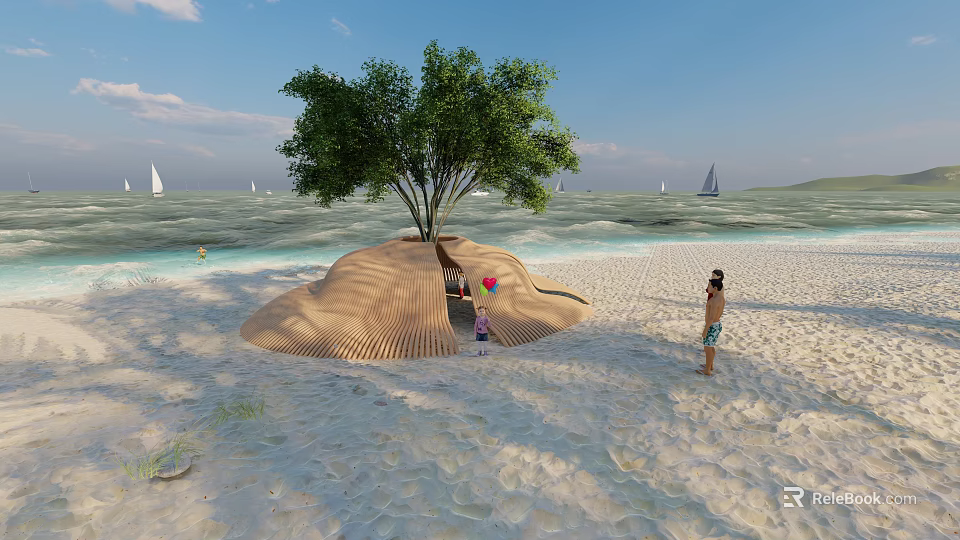 Beach Sand Mound With Tree And People Near Sea And Sailboats On Sunny Day 3d model 