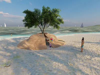 Beach Sand Mound With Tree And People Near Sea And Sailboats On Sunny Day 3d model