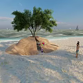 Beach Sand Mound With Tree And People Near Sea And Sailboats On Sunny Day