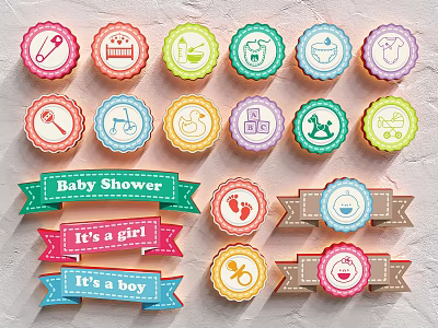 Baby Shower Decorations Including Colorful Badges Banners Gender Reveal And Baby Icons Footprints 3d model