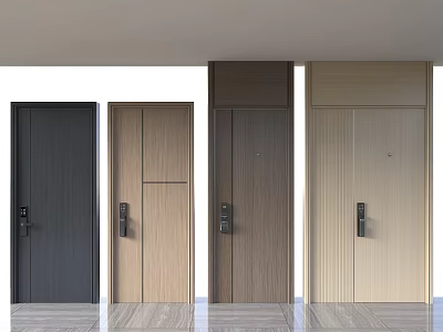 Various Colored Modern Security Doors With Wooden Texture And Metal Handles 3d model