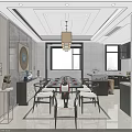 Modern Elegant Living And Dining Room With Open Marble Flooring Pendant Light And Black Cabinets