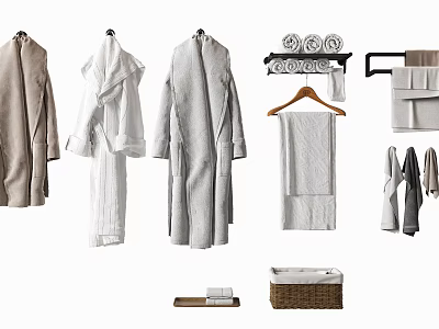 Soft Towels Bathrobes And Storage Display With Hangers And Baskets 3d model