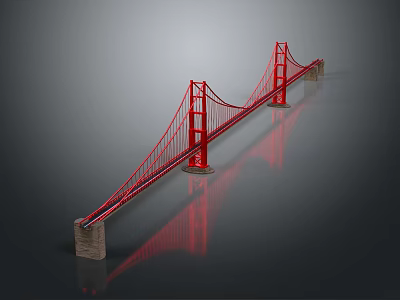 Red Golden Gate Bridge Suspension Structure With Towers And Water Reflection 3d model