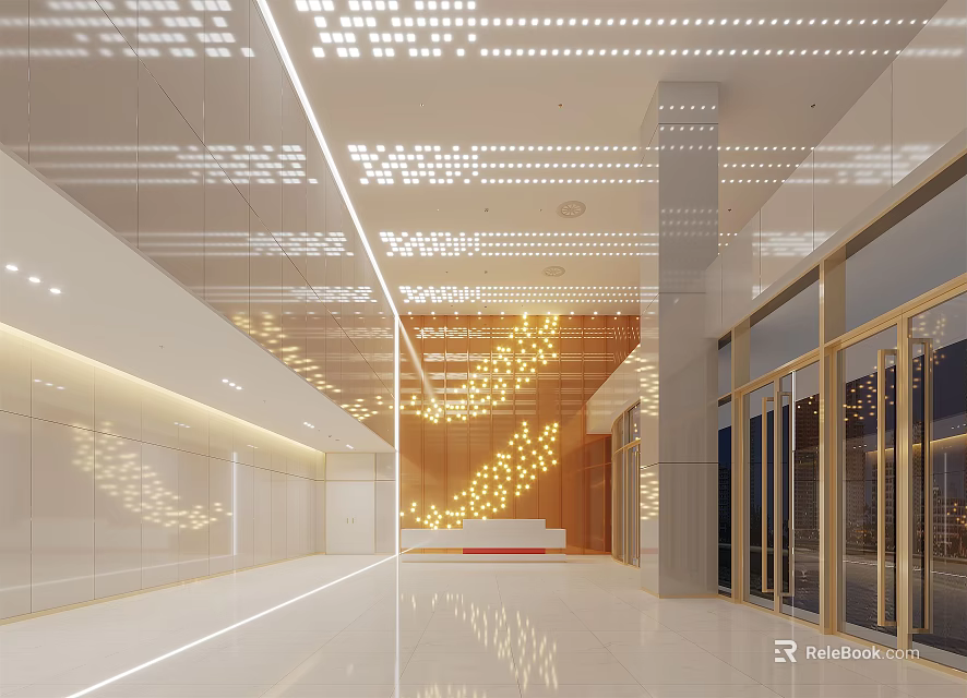 Elegant Modern Hotel Lobby Interior With Glass Curtain Walls Gold Decorations And Marble Flooring 3d model 