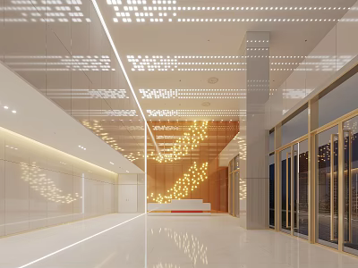Elegant Modern Hotel Lobby Interior With Glass Curtain Walls Gold Decorations And Marble Flooring 3d model