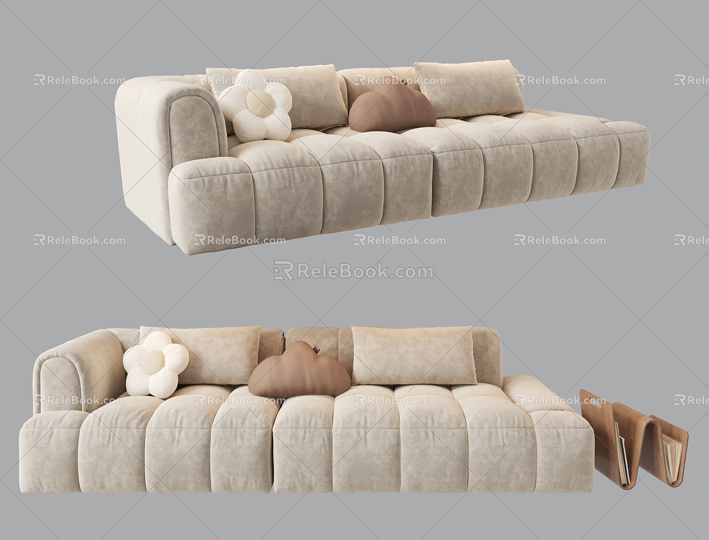 Cream style three-person sofa multi-person sofa sofa in-line sofa pillow 3d model