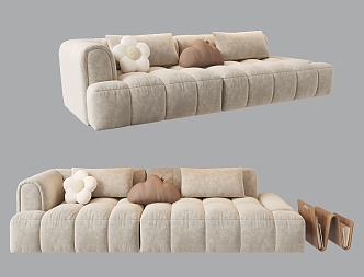 Cream style three-person sofa multi-person sofa in-line sofa pillow 3d model