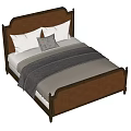 Classic Double Bed with Wooden Frame Leather Headboard White Pillows Gray Cushion and Striped Blanket