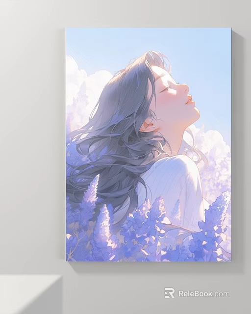 Serene Character Portrait of Long Haired Woman with Closed Eyes Amid Purple Flowers 3d model 