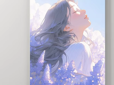 Serene Character Portrait of Long Haired Woman with Closed Eyes Amid Purple Flowers 3d model