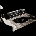 Modern Living Room with Black Leather Sofa White Armchair Floor Lamp and Round Coffee Table