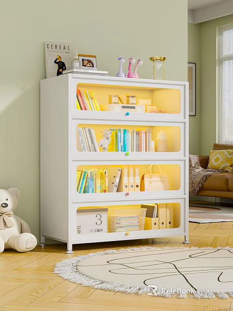 Bedroom With White Bookshelf Transparent Compartments Books Teddy Bear Brown Sofa And Light Green Walls 3d model 