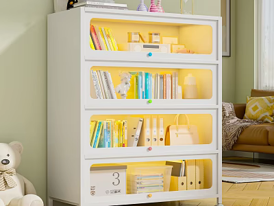 Bedroom With White Bookshelf Transparent Compartments Books Teddy Bear Brown Sofa And Light Green Walls 3d model